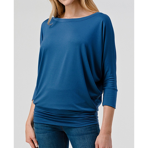 Women's Matte Blue Naturally Soft Round Neck Premium Stretch Top