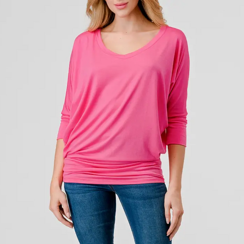 Women's Hot Pink Naturally Soft V-Neck Premium Stretch Top